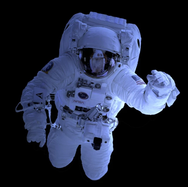 a close up of a person in a space suit, a raytraced image, space art, astronaut floating in space, high exposure photo, on black background, nasa photo
