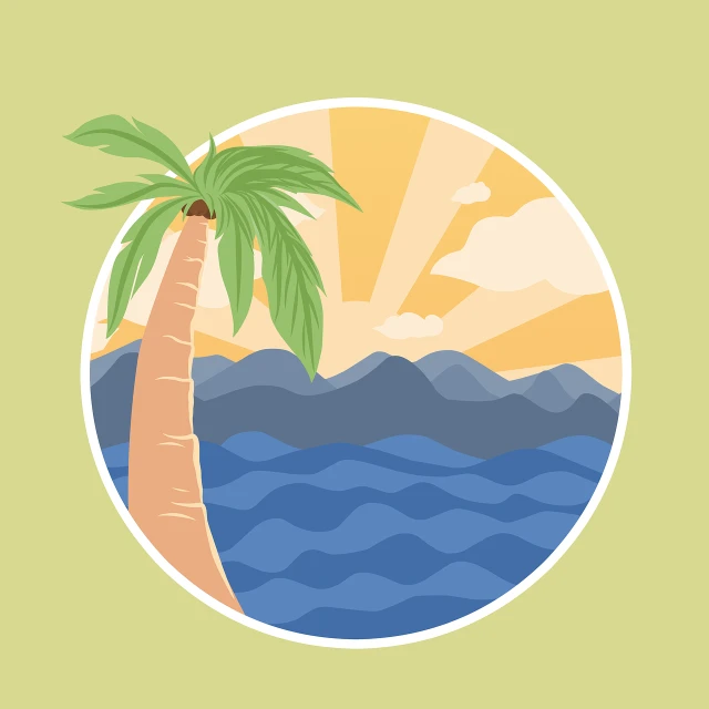 a palm tree sitting next to a body of water, a picture, art deco, sunbathing. illustration, high quality illustration, mountains and ocean, telephoto vacation picture