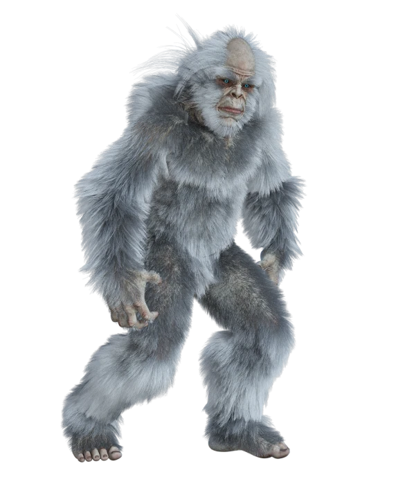 a bigfoot standing in front of a black background, a digital rendering, digital art, white fur, high detailed photo, goblin, 3 d render of jerma 9 8 5