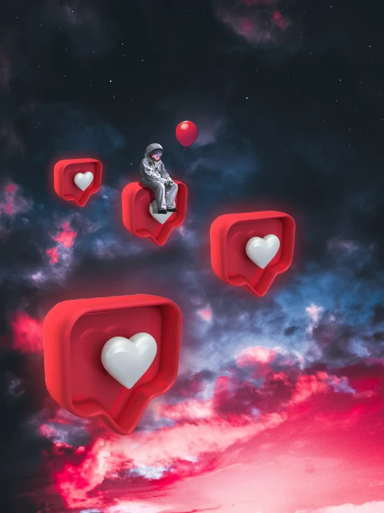 a person sitting on a red object in the sky, trending on cg society, digital art, several hearts, spaceman standing looking, instagram picture, in style of 3d render