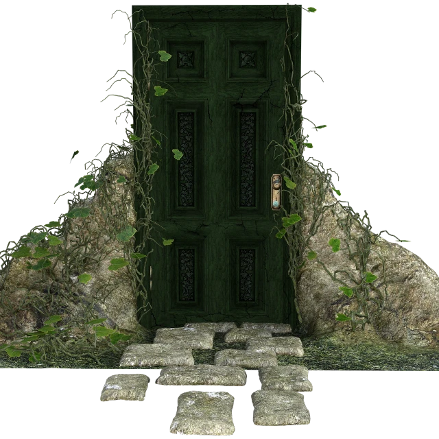 a green door surrounded by stones and vines, by senior environment artist, digital art, realistic textured, dark image, small path up to door, keyhole