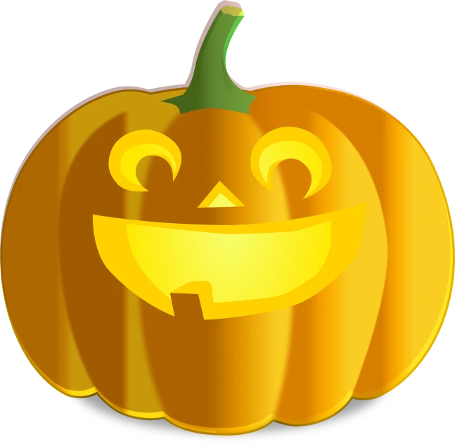 a pumpkin with a smile on it's face, a digital rendering, by Robert Richenburg, pixabay, sōsaku hanga, on a flat color black background, full color illustration, metallic, isolated on white background