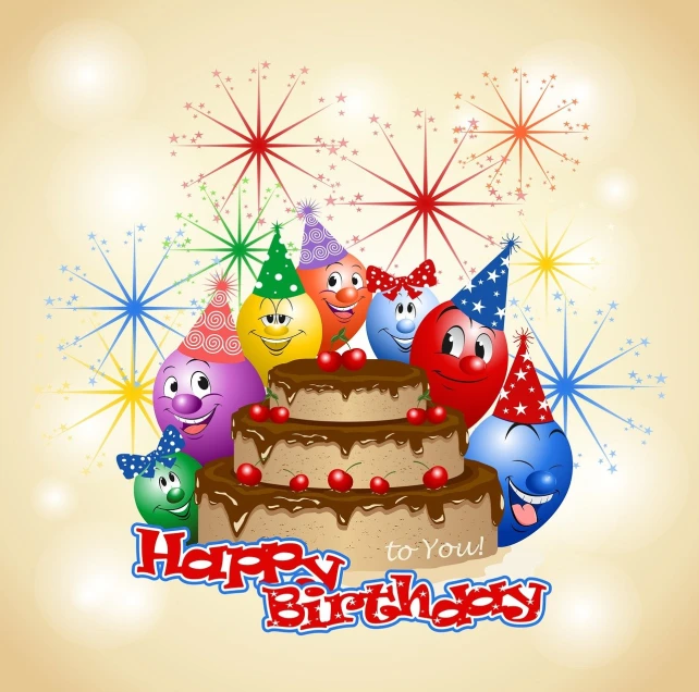 a birthday card with balloons and a cake, figuration libre, fireworks on the background, with a happy expression, vector images, browny