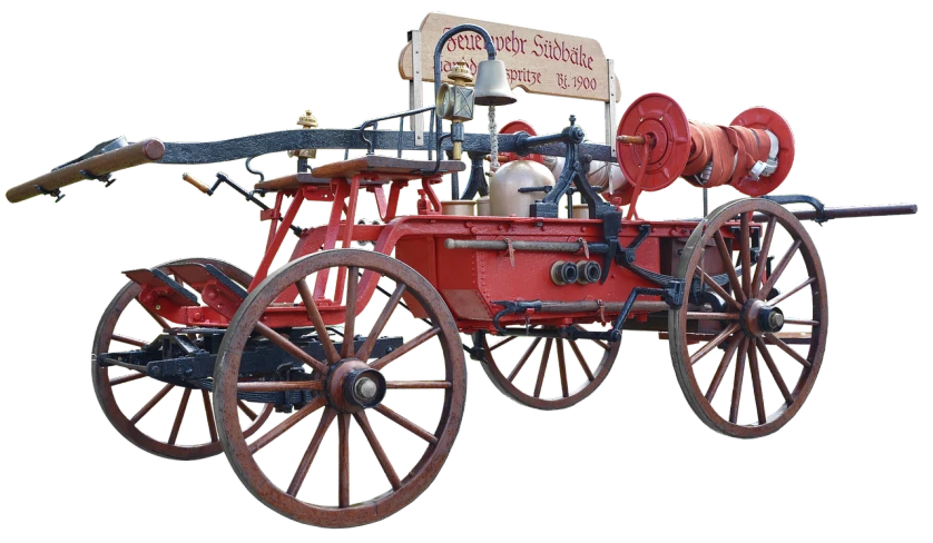 a red fire engine sitting on top of a wooden cart, a digital rendering, by Arnie Swekel, made in 1800's, header text”, full color photograph, bells