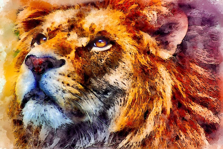 a close up of a painting of a lion, a digital painting, fine art, vibrant watercolor, best on adobe stock, posterized color, watercolor inpaint