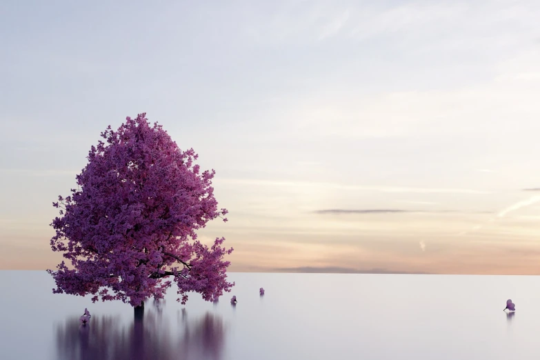 a tree in the middle of a body of water, unsplash contest winner, romanticism, soft light 4 k in pink, beautiful composition 3 - d 4 k, horizon, cherry tree in the background