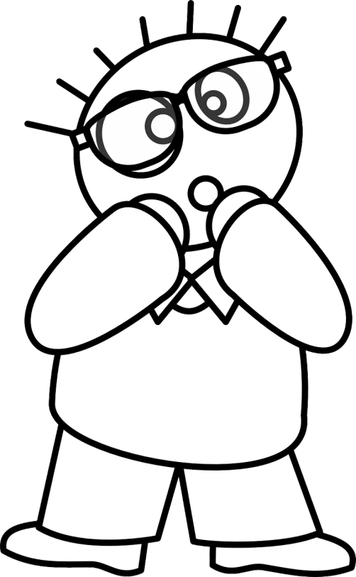 a black and white drawing of a person with glasses, lineart, inspired by Matt Groening, pixabay contest winner, pointing his bow, looking for clues, clipart, blowing bubblegum