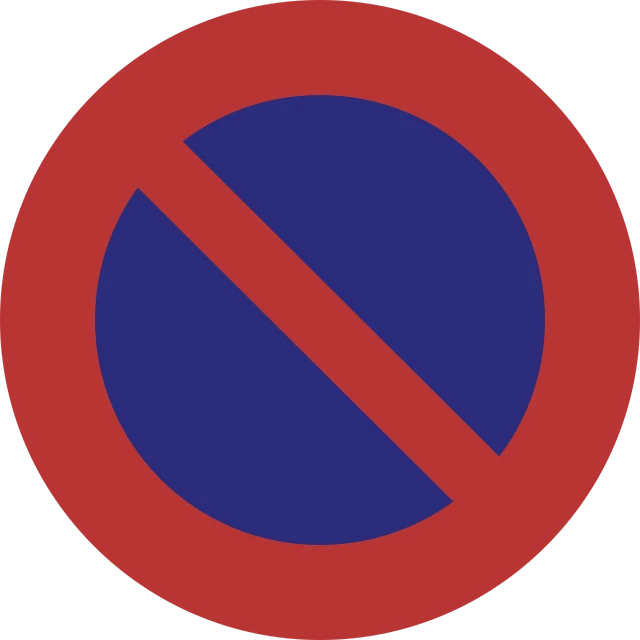 a red and blue no parking sign on a black background, a screenshot, inspired by Kōno Michisei, sōsaku hanga, wikimedia commons, militarism, round format, made with illustrator