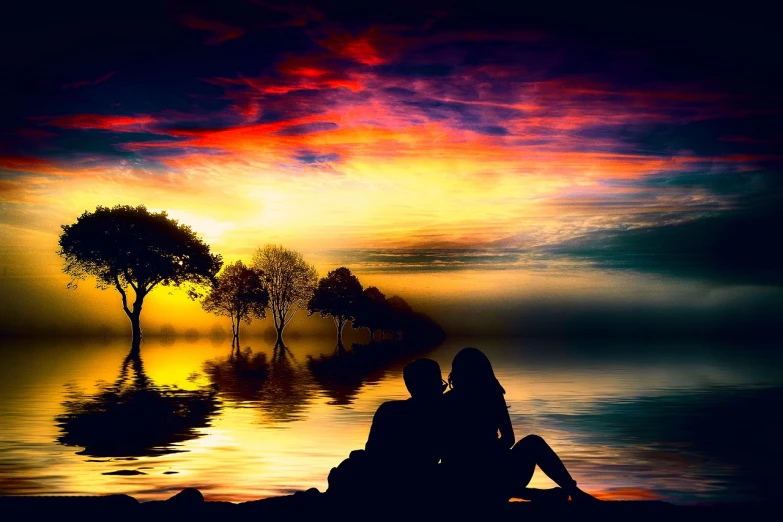 a person sitting on a rock next to a body of water, a picture, tumblr, romanticism, the lovers, luminous sky, enhanced photo, amazing contrasting background