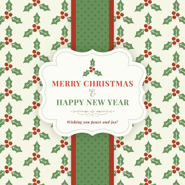 a christmas card with holly leaves and red berries, icon pattern, with text, label, patterned background