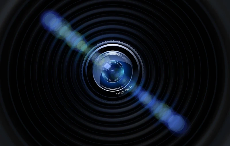 a close up of a camera lens on a black background, a picture, by Jay Hambidge, pixabay, art photography, sharp focus vector centered, lensflare, photoreallrstic, security camera photo