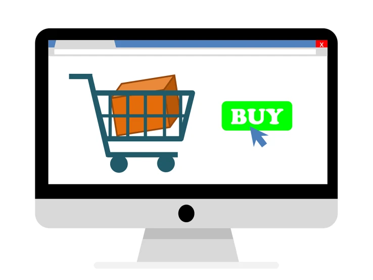 a computer screen with a shopping cart on it, pixabay, white bg, whole page illustration, product introduction photo