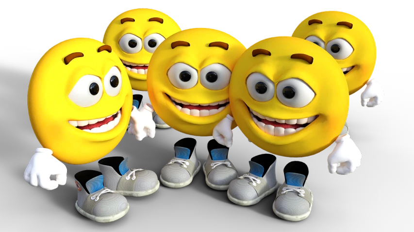 a group of smiley faces standing next to each other, a digital rendering, by Aleksander Gierymski, trending on pixabay, shoes, mascot, bumps, glowing-eyes-and-mouth