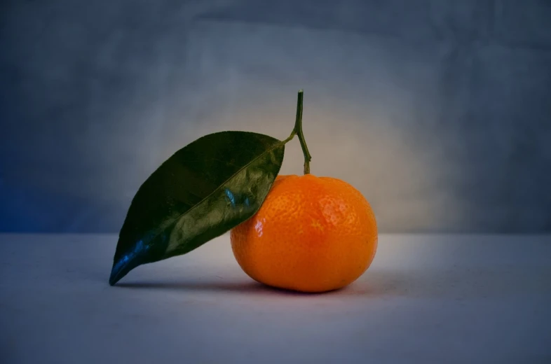 an orange with a leaf on top of it, by Niels Lergaard, pexels, photorealism, 2 4 mm iso 8 0 0 color, indoor picture, various posed, smooth lighthing