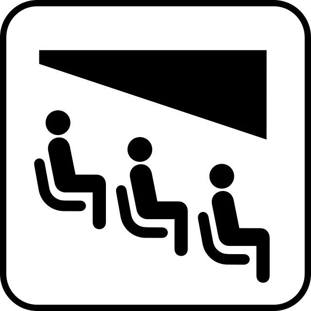 a black and white picture of people watching a movie, a diagram, pixabay, chair, icon, theater access corridor, logo without text