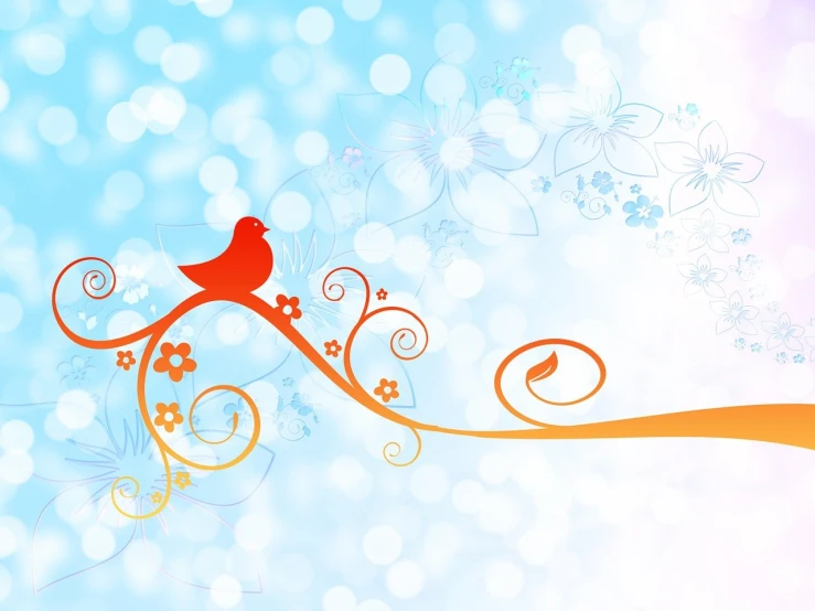 a red bird sitting on top of a tree branch, vector art, by Florianne Becker, shutterstock contest winner, arabesque, swirly bokeh, blue and orange color scheme, flower background, light-blue