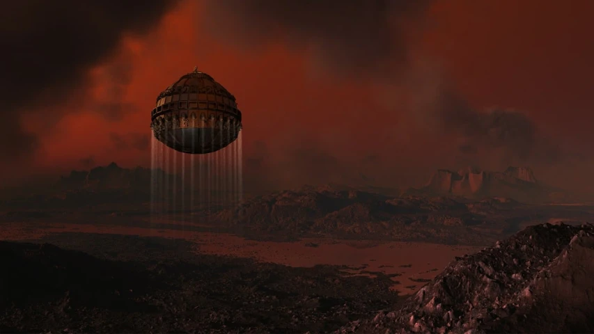 a hot air balloon flying through a cloudy sky, by Artur Tarnowski, cg society contest winner, surrealism, martian city, crater, submerged on titan, dark ancient atmosphere