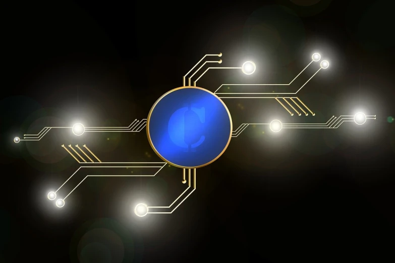 a close up of a circuit board with a globe on it, a computer rendering, digital art, black and blue and gold jewelry, vector graphics with clean lines, flash photo, neon electronic signs