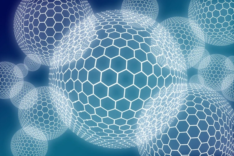 a bunch of balls that are next to each other, an illustration of, inspired by Buckminster Fuller, pixabay, digital art, hexagonal mesh wire, sterile background, bio chemical illustration, light particules