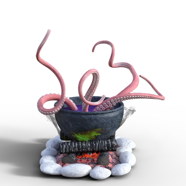 a close up of an octopus in a pot, a 3D render, surrealism, magical cauldron, on a black background, cooking it up, cardboard cutout of tentacles