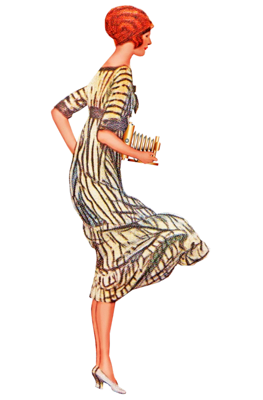 a woman in a dress holding a wine glass, a digital rendering, inspired by Coles Phillips, flickr, arabesque, 1978 cut out collage, striped, dynamic moving pose, golden 1 9 2 0 s
