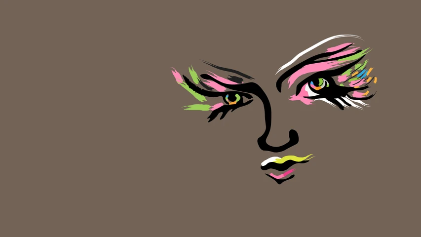 a drawing of a woman's face on a brown background, a digital painting, inspired by Bernd Fasching, pop art, multicolored vector art, !seductive eyes and face!, on a gray background, pink face