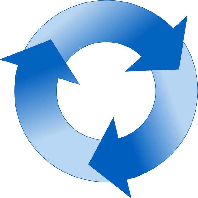 a blue circular with three arrows in it, by Tom Carapic, pixabay, computer art, hidrologic cycle, !!! very coherent!!! vector art, exchange logo, restoration