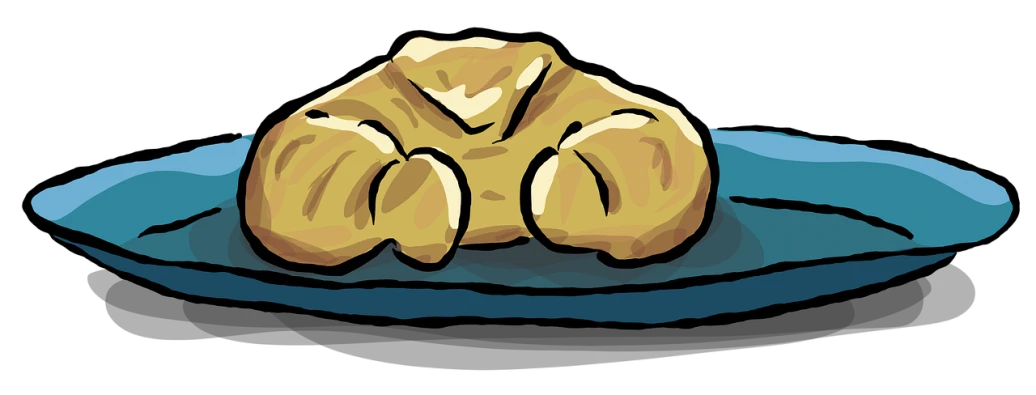a piece of bread sitting on top of a blue plate, a digital painting, pixabay, digital art, clenched fists, with a black background, sleeping bag, made in paint tool sai2