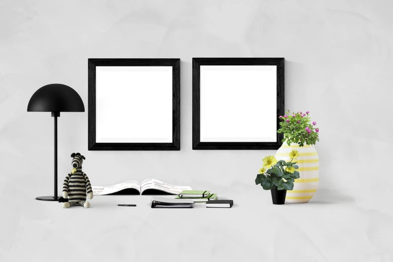 a couple of picture frames sitting on top of a table, a picture, pexels, books and flowers, large vertical blank spaces, high quality screenshot, uncompressed png