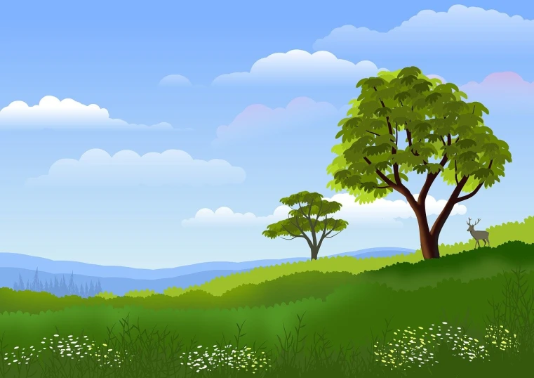 a giraffe standing on top of a lush green hillside, vector art, trees. wide view, pc wallpaper, anime landscape wallpaper, two mountains in background