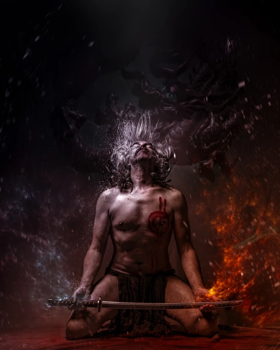 a man sitting on the ground with a sword in his hand, digital art, fantasy art, the final battle in hell, very accurate photo, god shiva the destroyer, torment and waves