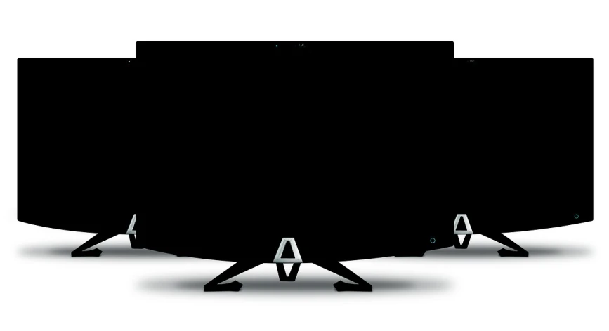 a group of speakers sitting on top of a table, a computer rendering, inspired by Anton Ažbe, Artstation, art deco, black oled background, arrow shaped, set against a white background, front and back view