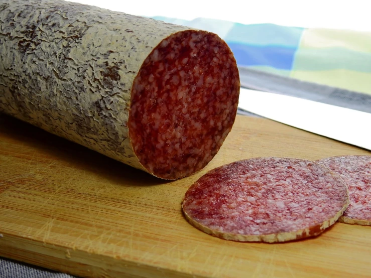 a sliced sausage on a cutting board next to a knife, inspired by Kalervo Palsa, mingei, salami, proud looking away, bark, the photo shows a large