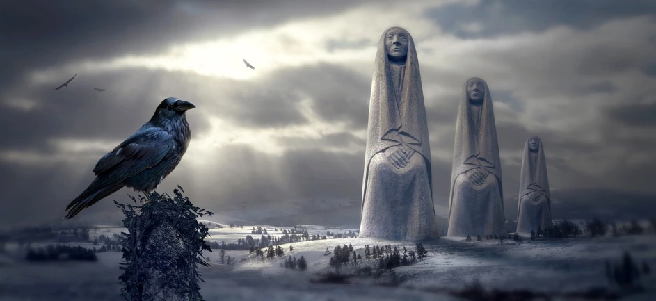 a bird sitting on top of a tree stump, a matte painting, cgsociety contest winner, digital art, giant moai statues, 3 figures as winter spirits, futuristic nazi german city, kalevala