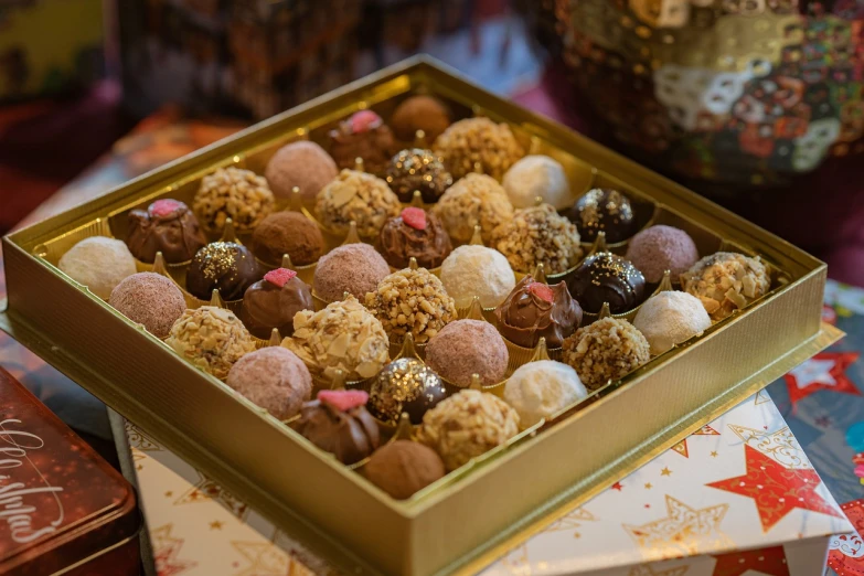 a box of chocolates sitting on top of a table, dau-al-set, golden ornaments, close up food photography, decorated ornaments, bumps