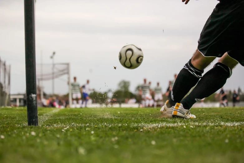 a person kicking a soccer ball on a field, a picture, by Richard Carline, sport photography, scores, hoog detail, tournament