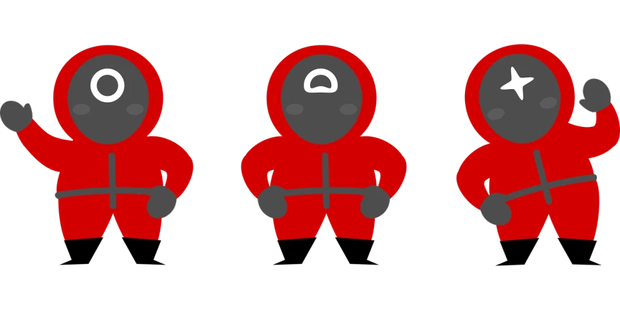 three different poses of a person in a red hoodie, inspired by Zhu Da, reddit, digital art, black backround. inkscape, small astronauts, grey rubber undersuit, teletubbies