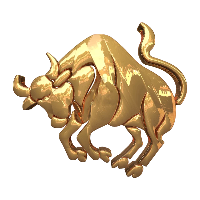 a gold bull on a black background, a digital rendering, jewelry, rendered in redshift, istockphoto, carved