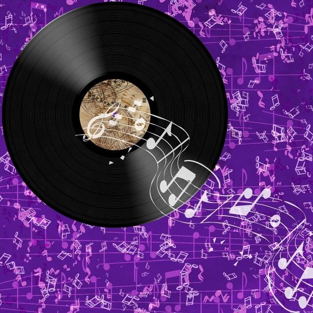 a record with music notes coming out of it, an album cover, trending on pixabay, conceptual art, background is purple, retro stylised, with a star - chart, background image