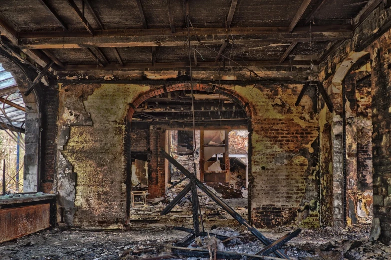 a room filled with lots of rubble and debris, a portrait, by Richard Carline, flickr, tonemapped, burning overgrowth, archway, trim