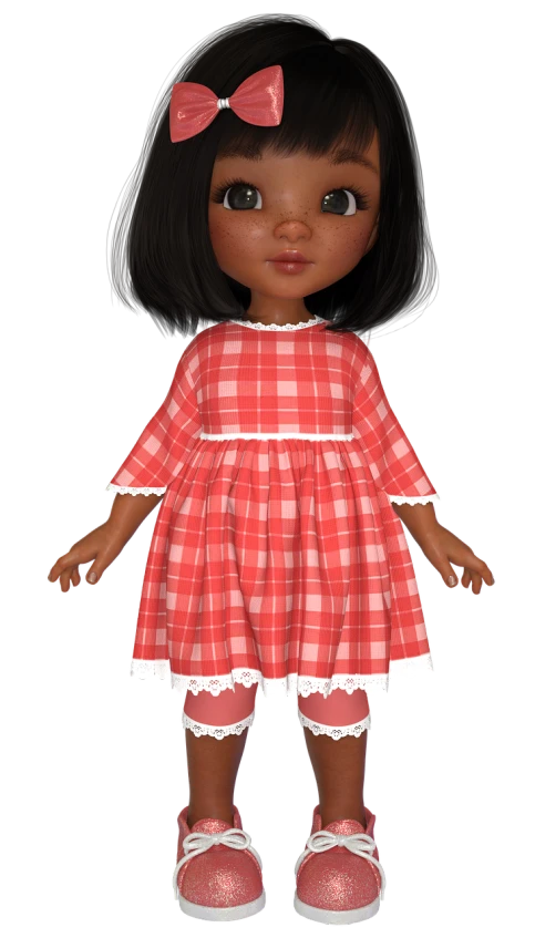 a close up of a doll on a black background, a 3D render, super cute funky black girl, wearing a red plaid dress, fullbody photo, adorable digital painting