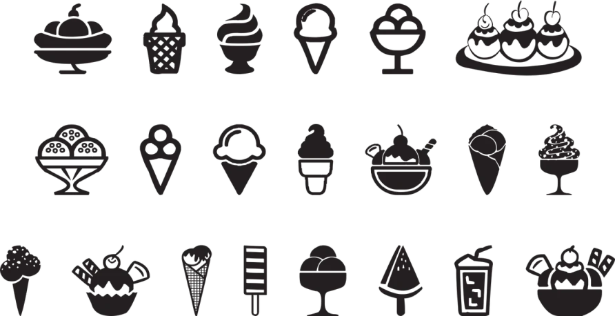 a bunch of different types of ice cream, by Justin Sweet, black stencil, icon pattern, dimly - lit, black