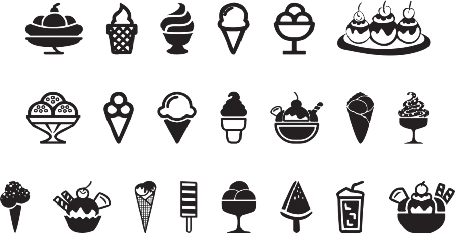 a bunch of different types of ice cream, by Justin Sweet, black stencil, icon pattern, dimly - lit, black