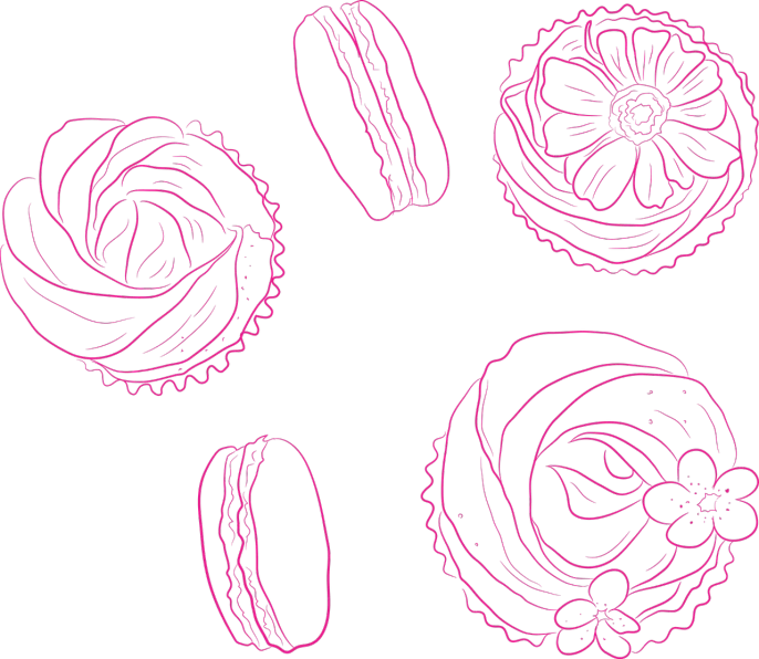 a bunch of cupcakes sitting on top of a table, lineart, by Lucette Barker, pop art, pink petals, on a black background, macaron, background image