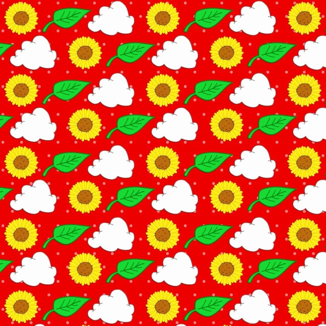 a pattern of sunflowers and clouds on a red background, by Kume Keiichiro, tumblr, naive art, created in adobe illustrator, many leaves, ¯_(ツ)_/¯