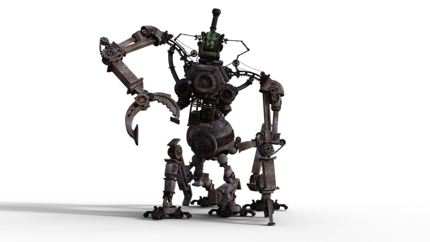 a robot that is standing in the dark, polycount contest winner, dada, goblin chainwalker, with damaged rusty arms, 8k octae render photo