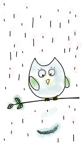 a drawing of an owl sitting on a branch, inspired by Victor Noble Rainbird, trending on pixabay, happening, kawaii rainy gloomy, green rain, blurry and dreamy illustration, under a shower