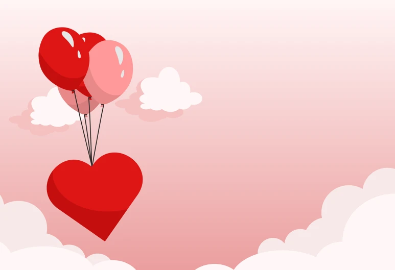 a couple of heart shaped balloons floating in the sky, a picture, romanticism, red wallpaper design, flat background, clipart, card template