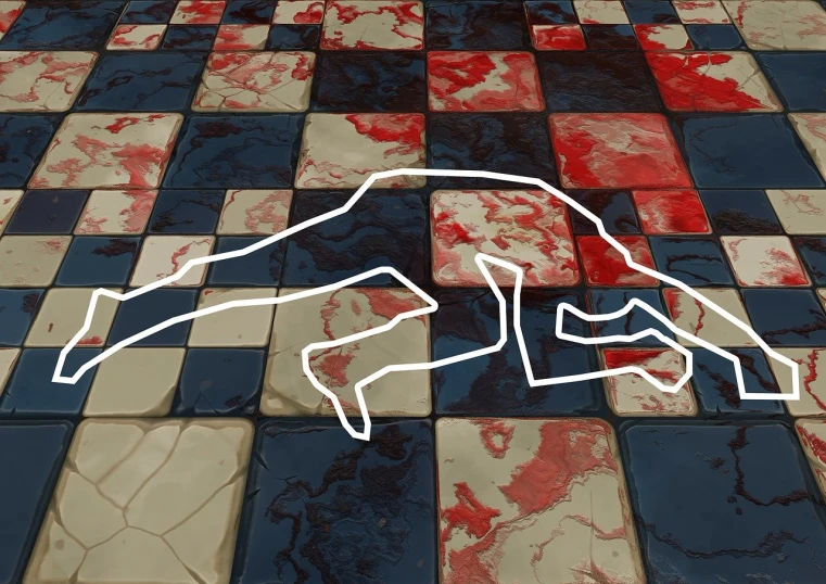 a drawing of a horse on a tiled floor, a digital rendering, polycount, graffiti, blood on tennis court, crime scene photo, patriotic, dead bodies