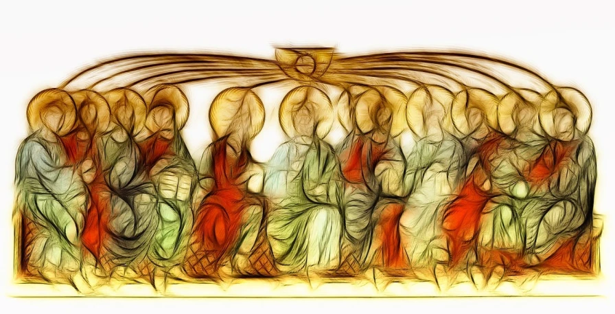 a group of people standing next to each other, a digital painting, inspired by Fra Angelico, trending on pixabay, computer art, stained glass wings, !!posing_as_last_supper, intricate fractals, sitting down